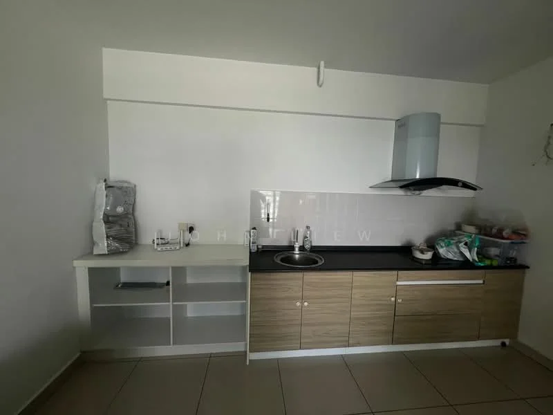 Kitchen features: wood cabinetry, black countertop, single-bowl stainless-steel sink, chrome pull-down faucet, built-in kitchen hood, white tiled backsplash, open shelving, ceramic tile flooring; style: modern.