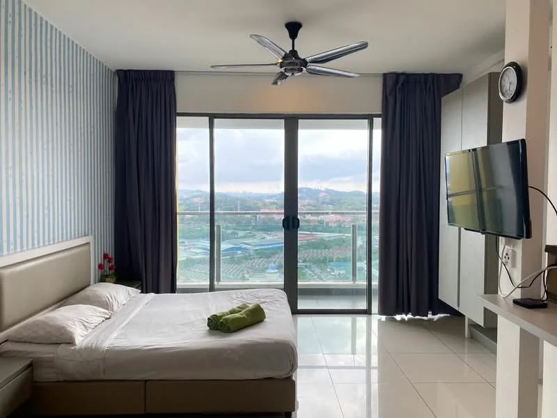 Bedroom features: king-size bed with upholstered headboard, white bedding, 2 bedside lamps, floor-to-ceiling windows, sliding glass door, grey curtains, ceiling fan with light, wall-mounted TV, built-in wardrobe, decorative wall clock, light-coloured wall with vertical stripes, white tiled flooring; style: modern; view: city.