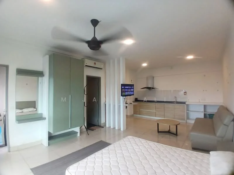 Room features: ceiling fan, recessed downlights, wall-mounted TV, sofa in grey, kitchen cabinetry with wood finish, white countertop, stainless-steel sink, built-in oven, tile flooring, neutral painted walls, open layout, sliding door, built-in wardrobe, area rug; style: modern.