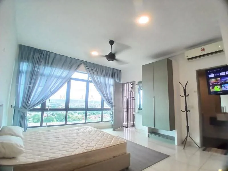 Bedroom features: king-size bed frame without mattress, floor-to-ceiling windows, grey sheer curtains, white painted walls, white ceiling, 5-blade ceiling fan with light, built-in wardrobe with sliding doors, wall-mounted TV, tile flooring, decorative coat rack; style: modern; view: city.