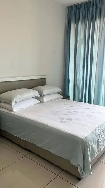 Bedroom features: queen-size bed, upholstered headboard, two white pillows, light blue bedspread, floor-to-ceiling windows, sheer curtains in light blue, white painted walls, tile flooring; style: modern.