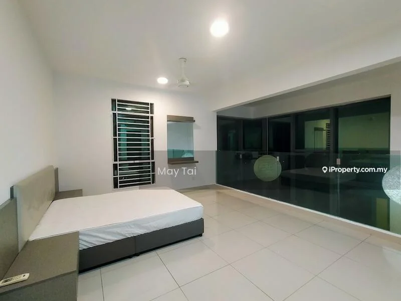 Bedroom features: queen-size bed, white walls, tile flooring, floor-to-ceiling windows, sliding glass door, ceiling fan, built-in wardrobe, wall-mounted shelf, decorative pendant light; style: modern.