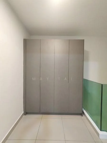 Room features: built-in cabinets, grey cabinetry, smooth surface, tile flooring, neutral wall colour, glass railing, minimalist design, modern aesthetic; style: modern.