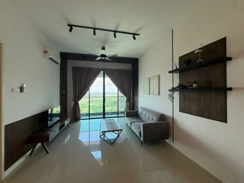 Living features: 5-blade ceiling fan with light, floor-to-ceiling windows, sliding glass door, curtains, grey fabric sofa, coffee table, TV console, wall-mounted TV, decorative wall shelves, wood panel accent wall, white painted walls, glossy tile flooring; style: modern; view: garden.