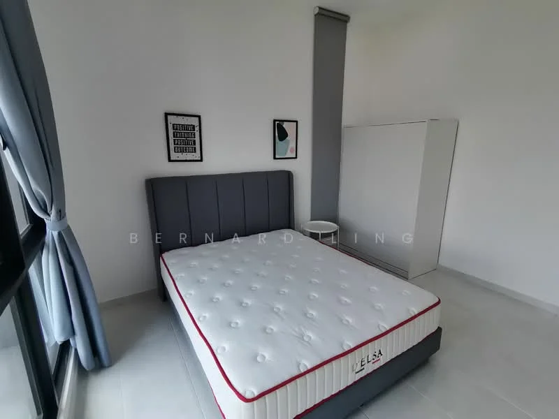 Bedroom features: queen-size bed with grey upholstered headboard, white mattress, white bedside table, framed artwork on wall, grey curtains, floor-to-ceiling windows, light grey tiled flooring, white wardrobe; style: modern.