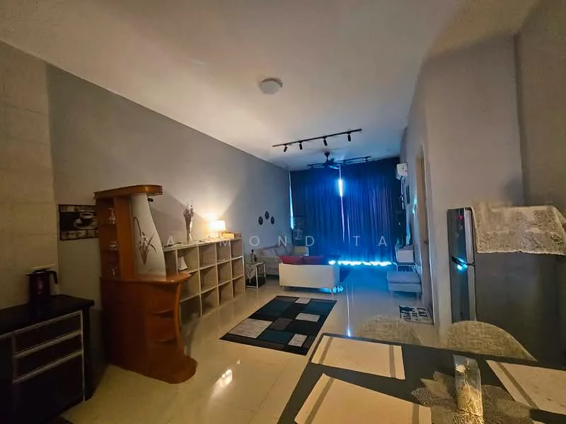 Living features: grey painted walls, polished tile flooring, 5-blade ceiling fan with light, track lighting, sofa, coffee table, area rug with geometric pattern, built-in shelving unit, TV console, floor-to-ceiling curtains, decorative items on shelves; style: modern.