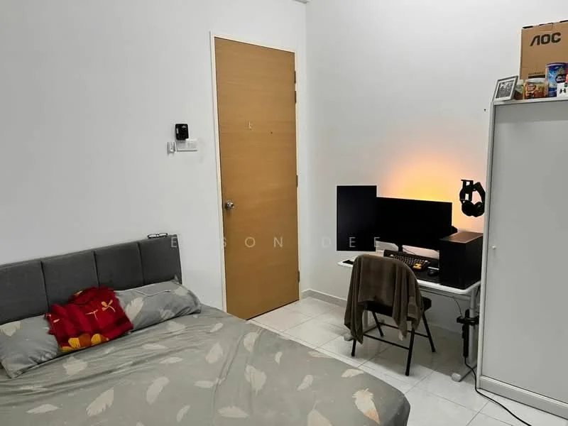 Bedroom features: queen-size bed with grey upholstered headboard, white bedding with feather pattern, wooden door, white walls, tile flooring, desk with computer monitor, black office chair, shelf with storage boxes, wall-mounted light, decorative wall art, curtain rod, window with no visible treatment; style: modern.