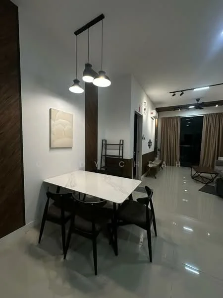 Dining features: white marble dining table, 4 black dining chairs, pendant lighting with three bulbs, wooden accent wall, white painted walls, glossy tile flooring, large window with sheer curtains, open layout to living area; style: modern.