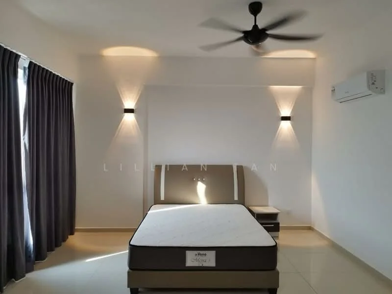 Bedroom features: queen-size bed, upholstered headboard, nightstand, 5-blade ceiling fan with light, wall-mounted air conditioning unit, grey curtains, white painted walls, recessed lighting, tile flooring; style: modern.