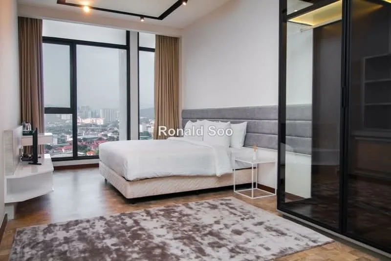 Bedroom features: king-size bed with upholstered headboard, white bedding, floor-to-ceiling windows, grey accent wall behind bed, wooden flooring, area rug with geometric pattern, nightstand with lamp, built-in wardrobe with glass doors, curtains, decorative wall paneling, city view; style: modern; view: city.