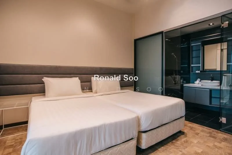 Bedroom features: two single beds with white bedding, upholstered grey headboard, wooden flooring, glass sliding door, en-suite bathroom visible, modern lighting fixtures, minimalist decor, built-in wardrobe; style: modern.