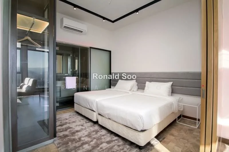 Bedroom features: two single beds with white bedding, upholstered grey headboard, wooden bedside table, wall-mounted reading light, carpet flooring, floor-to-ceiling windows, curtains, air conditioning unit, built-in wardrobe with sliding doors, decorative wall paneling, recessed ceiling lights; style: modern; view: city.