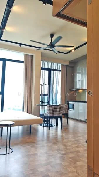 Living features: floor-to-ceiling windows, 5-blade ceiling fan with light, wooden flooring, cream painted walls, dining table for four, upholstered dining chairs, kitchenette with white cabinetry, stainless-steel sink, built-in oven, refrigerator, open shelving, curtains, decorative wall paneling; style: modern; view: city.