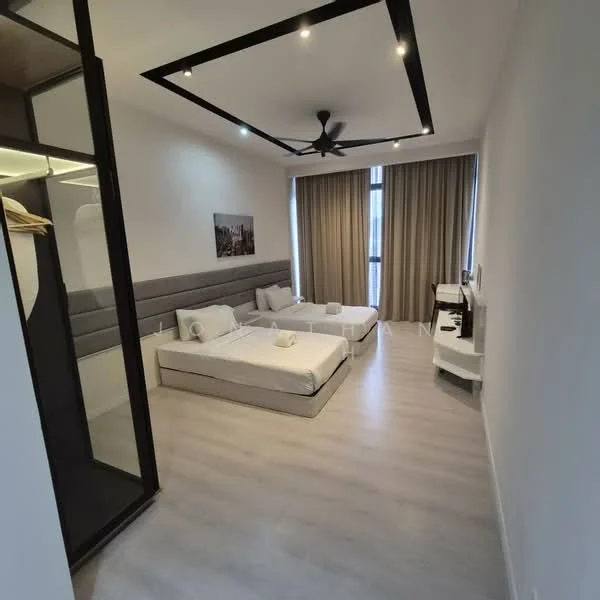 Bedroom features: two single beds with white bedding, grey upholstered headboard, black ceiling fan with light, recessed ceiling lights, large window with sheer curtains, light wood laminate flooring, built-in wardrobe with glass doors, TV console with wall-mounted TV, decorative artwork on wall, neutral painted walls; style: modern; view: city.