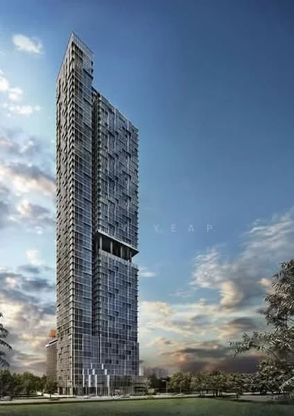 Exterior type: high-rise condominium; features: glass curtain wall, projecting balconies, modern architectural design, approximately 30-storey high-rise, surrounded by greenery, urban skyline in background; style: modern.