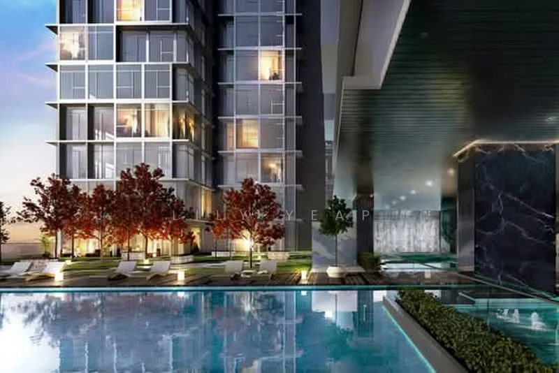 Exterior type: high-rise condominium; features: glass curtain wall facade, approximately 20-storey high-rise, infinity pool, pool deck with loungers, manicured lawn, landscaped garden with trees, feature lighting at night; style: modern.