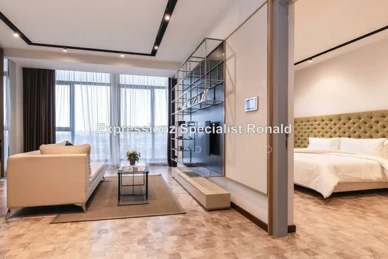 Living features: cream leather sofa, glass coffee table, area rug, floor-to-ceiling windows, curtains, wooden flooring, wall-mounted TV, decorative shelving unit; style: modern; view: city. Bedroom features: king-size bed, upholstered headboard, white bedding, bedside lamps, wall-mounted artwork, wooden flooring, floor-to-ceiling windows, curtains; style: modern; view: city.
