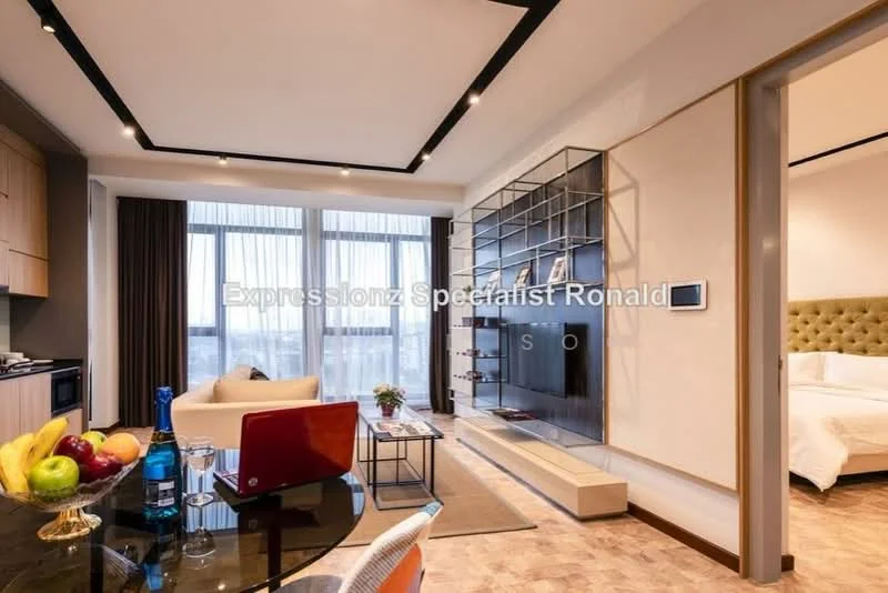 Living features: light wood cabinetry, white walls, dark wood flooring, sofa in white, glass coffee table, decorative wall shelving, floor-to-ceiling windows, curtains in dark fabric, wall-mounted TV, decorative plants, dining table with black chairs, fruit bowl on table, recessed ceiling lights, LED strip lighting, artwork on wall; style: modern; view: city. Room features: bed with upholstered headboard, white bedding, nightstand, lamp on nightstand.