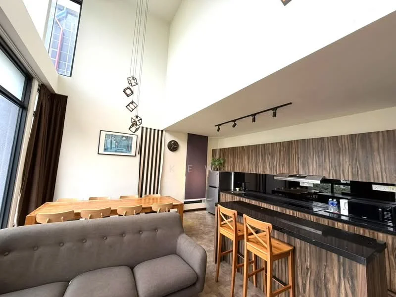 Living features: sofa in grey fabric, coffee table, floor-to-ceiling windows, high ceiling, pendant lighting, wooden flooring, decorative wall art, open-plan layout; style: modern; view: city. Dining features: 6-seater dining table, wooden dining chairs, wall-mounted clock, decorative wall paneling; style: modern. Kitchen features: black countertop, wood cabinetry, built-in appliances, refrigerator, kitchen island with seating; style: modern.