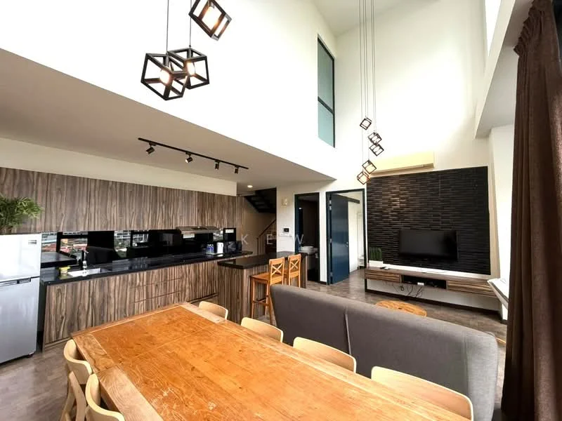 Living features: high ceiling, large windows, wooden dining table, upholstered sofa, pendant lighting, wall-mounted TV, black feature wall, open-plan layout, wood cabinetry, black countertop, stainless-steel fridge, built-in cabinets, recessed lighting; style: modern.