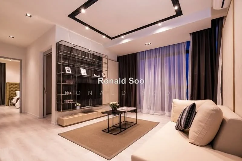 Living features: light wood flooring, white painted walls, tray ceiling with recessed lighting, floor-to-ceiling windows with sheer curtains, blackout curtains, modern coffee table, beige fabric sofa, decorative area rug, glass display shelving unit, wall-mounted artwork, potted plant; style: modern; view: city.