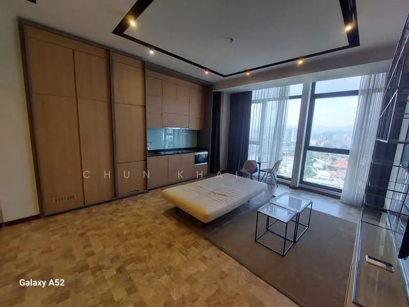 Living features: large floor-to-ceiling windows, wooden cabinetry, light-colored sofa, glass coffee table, area rug, wooden flooring, recessed ceiling lights, city view, built-in kitchenette with sink, black-framed shelving unit; style: modern; view: city.