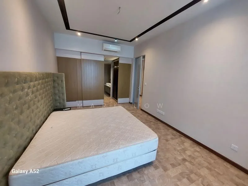 Bedroom features: queen-size bed frame without mattress, upholstered headboard in green, wooden flooring, built-in wardrobe with sliding doors, recessed ceiling lights, air conditioning unit, neutral painted walls, large window with natural light; style: modern.