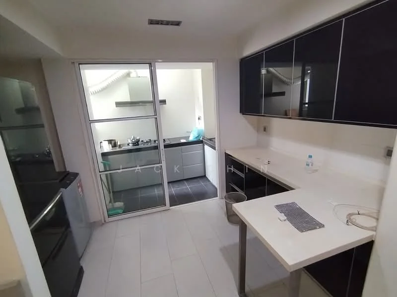 Kitchen features: white cabinetry with black accents, stainless-steel fridge, built-in oven, 4-burner gas hob, exhaust hood, white countertop, tile backsplash, double-bowl stainless-steel sink, sliding glass door, grey tile flooring, under-cabinet lighting; style: modern.