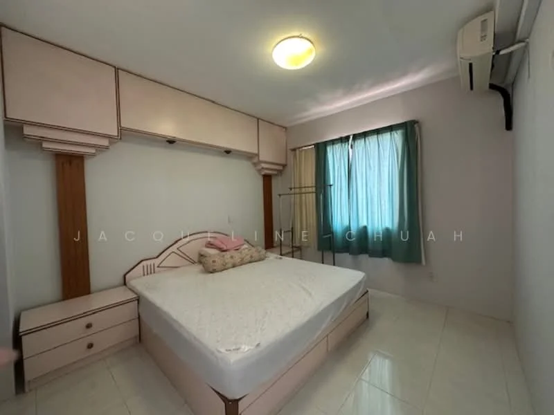 Bedroom features: queen-size bed, upholstered headboard, built-in bedside cabinets, white painted walls, tile flooring, ceiling light fixture, wall-mounted air conditioning unit, curtains, clothes rack; style: modern.