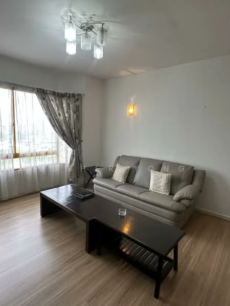 Living features: light wood laminate flooring, white painted walls, large window with sheer curtains, 3-seater fabric sofa in light grey, coffee table in dark wood, decorative wall sconce, ceiling light fixture with glass shades, throw pillows on sofa; style: modern; view: city.
