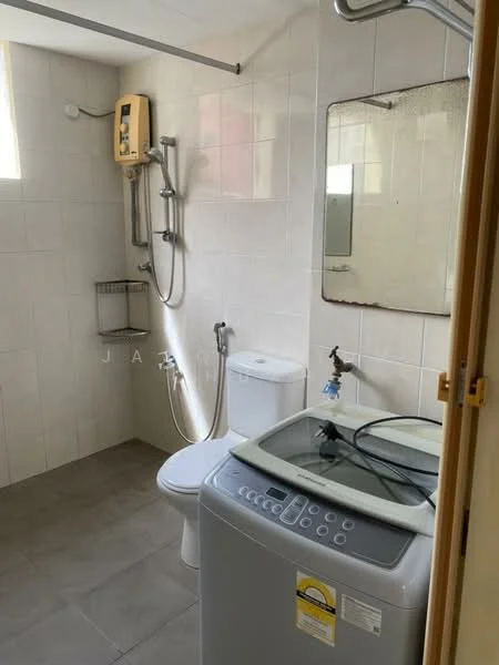 Bathroom features: white tiled walls, grey tile flooring, shower with handheld showerhead, toilet, mirror, washing machine, wall-mounted water heater, shelf unit.