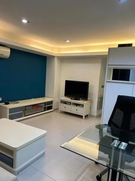 Living features: blue accent wall, white painted walls, recessed ceiling lights, LED strip lighting, flat-panel TV on console, white TV console, glass-top coffee table, black office chair, air conditioning unit, tile flooring; style: modern.
