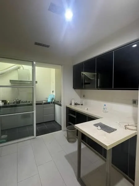 Kitchen features: black cabinetry, white countertop, stainless-steel sink, chrome faucet, built-in oven, gas hob, exhaust hood, tile flooring, recessed lighting, glass sliding door, open layout, wall-mounted shelves; style: modern. Room features: grey cabinetry, tile flooring.