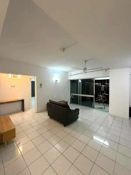 Living features: white painted walls, tile flooring, 5-blade ceiling fan, sofa in dark color, sliding glass door, floor-to-ceiling windows, natural light, open layout, dining area adjacent; style: modern.