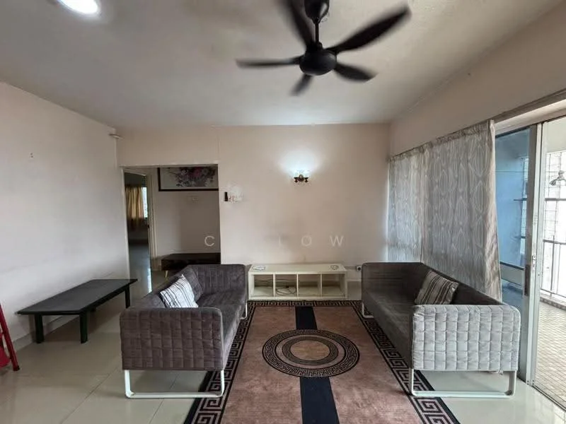Living features: 2-seater fabric sofa in grey, 2-seater fabric sofa in beige, coffee table, area rug with geometric pattern, ceiling fan, wall-mounted light fixture, floor-to-ceiling windows with sheer curtains, light-colored painted walls, tiled flooring; style: modern.