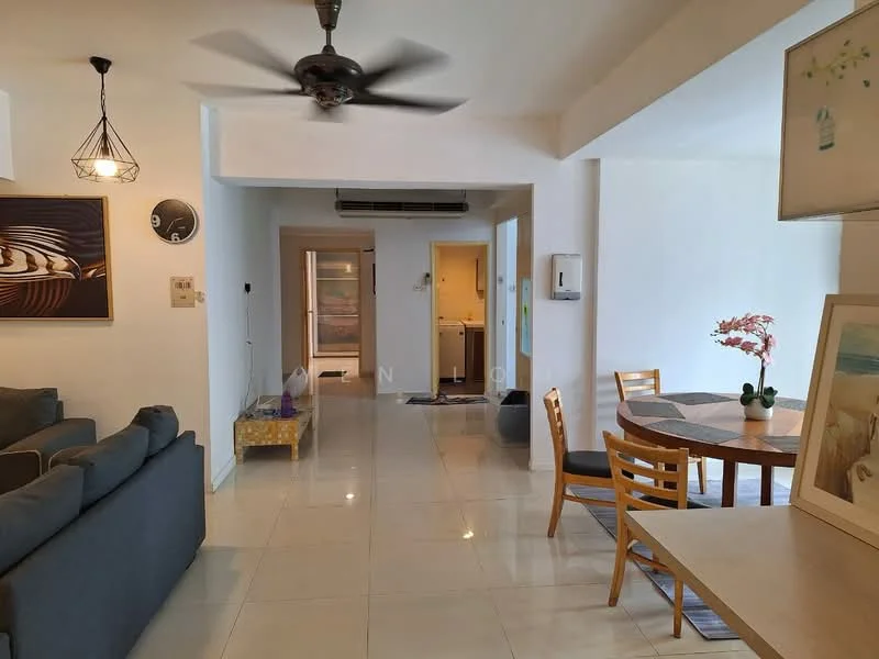 Living features: 3-seater fabric sofa in grey, ceiling fan with light, pendant lamp, coffee table, area rug, wall-mounted artwork, white painted walls, glossy tile flooring; style: modern. Dining features: round dining table, wooden dining chairs, decorative plant on table, white painted walls, glossy tile flooring; style: modern. Room features: doorway leading to hallway, air conditioning unit, white painted walls, glossy tile flooring.