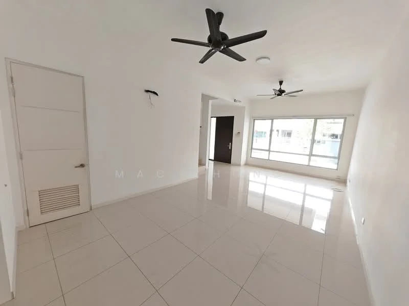 Living features: white painted walls, glossy ceramic tile flooring, 2 ceiling fans, large floor-to-ceiling windows, natural light, neutral color scheme, door leading to another room, ventilation grille on wall; style: modern.