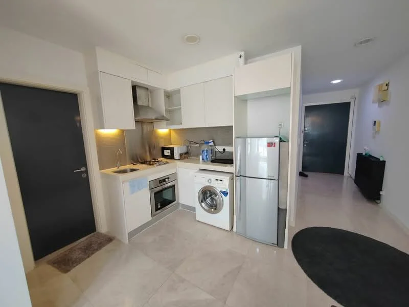 Kitchen features: white cabinetry, stainless-steel sink, chrome pull-down faucet, built-in oven, 4-burner gas hob, stainless-steel range hood, microwave, front-load washing machine, ceramic tile backsplash, marble tile flooring, recessed downlights, countertop with integrated workspace; style: modern.