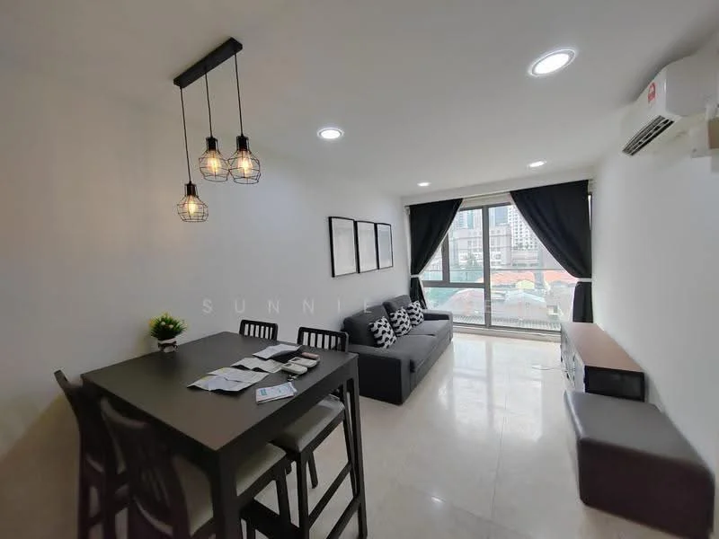 Living features: black dining table with four chairs, 3-seater fabric sofa in grey, floor-to-ceiling windows, black curtains, recessed downlights, pendant lighting with three bulbs, cream painted walls, marble tile flooring, TV console, decorative plant on table, wall-mounted air conditioning unit; style: modern; view: city.