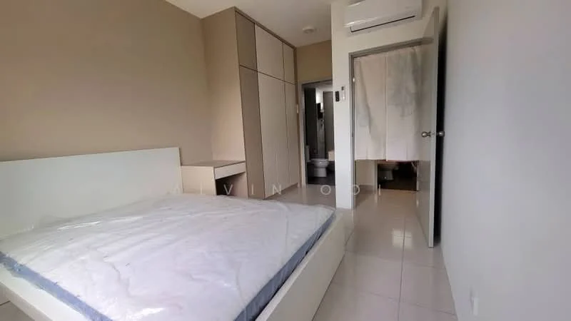 Bedroom features: queen-size bed, white bed frame, built-in wardrobe with sliding doors, light-colored walls, white tiled flooring, air conditioning unit, curtains, small bedside table; style: modern.