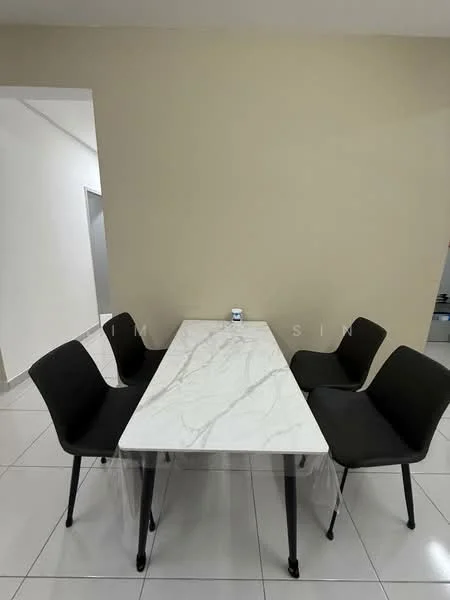 Dining features: marble dining table, 4 black dining chairs, white painted walls, glossy tile flooring, minimalist design, neutral color scheme, natural light from adjacent room, simple decor; style: modern.