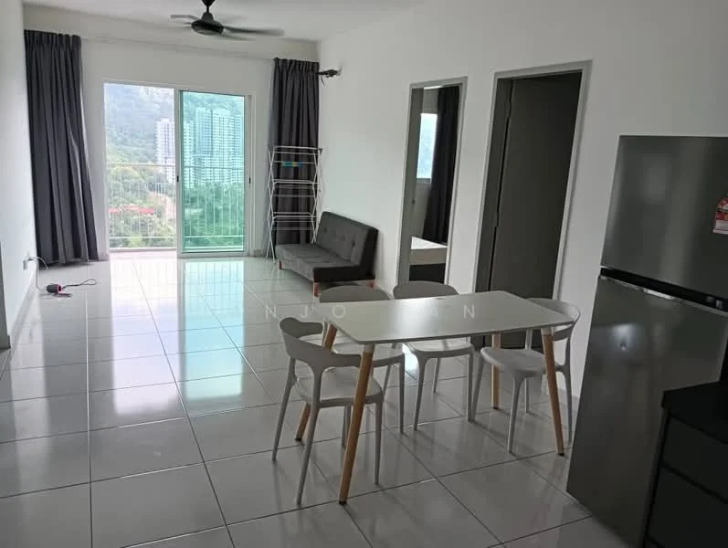 Living features: white painted walls, grey floor tiles, 5-blade ceiling fan, floor-to-ceiling sliding glass door, curtains, sofa bed in grey, dining table with white top and wooden legs, 4 white dining chairs, refrigerator in stainless steel, laundry rack, city view; style: modern; view: city.