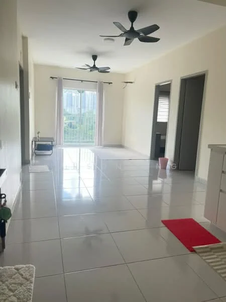 Living features: white painted walls, glossy ceramic tile flooring, 2 ceiling fans, floor-to-ceiling windows, sheer curtains, sliding glass door, balcony access, neutral color scheme, recessed lighting; style: modern; view: city.