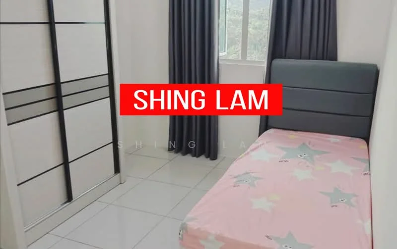Bedroom features: single bed with star-patterned bedding, grey upholstered headboard, built-in wardrobe with sliding doors, white walls, grey curtains, tile flooring, window with view, ceiling light fixture; style: modern; view: garden.