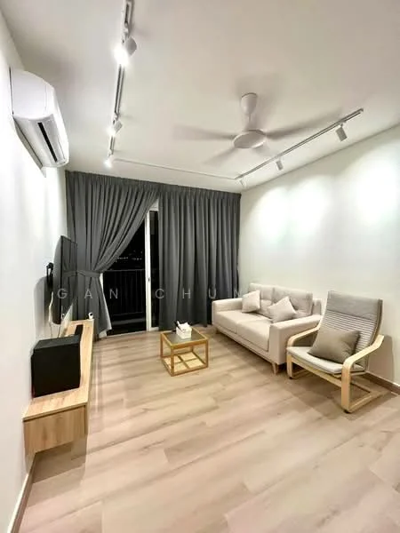 Living features: light wood flooring, white painted walls, 5-blade ceiling fan, wall-mounted air conditioning unit, floor-to-ceiling windows, grey curtains, 2-seater fabric sofa in white, wooden coffee table, wooden TV console, decorative cushions, armchair with wooden frame; style: modern; view: city.
