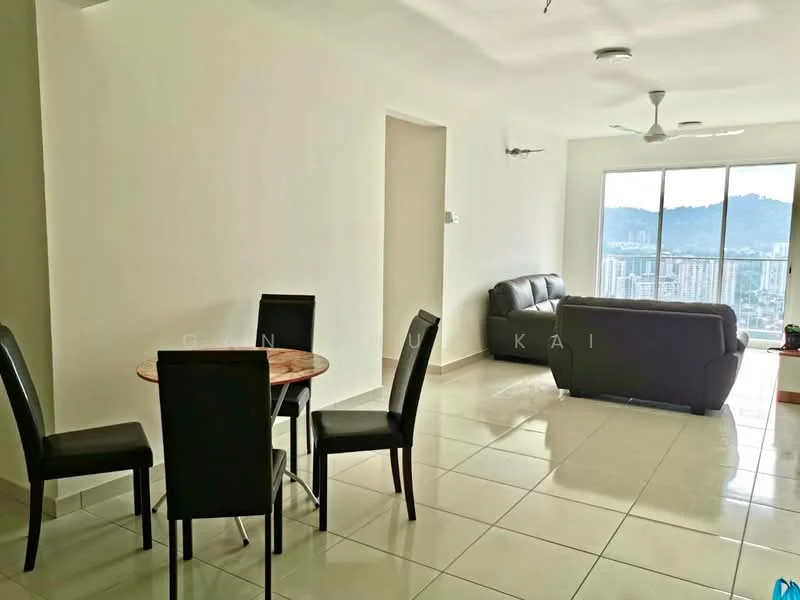 Living features: floor-to-ceiling windows, city view, 3-seater leather sofa in dark grey, coffee table, wall-mounted TV, ceiling fan, white painted walls, tile flooring; style: modern. Dining features: round dining table, 4 black dining chairs, white painted walls, tile flooring; style: modern.