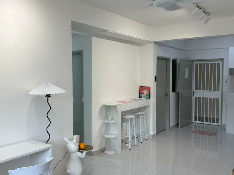Room features: white painted walls, glossy tile flooring, recessed downlights, ceiling fan, bar stools, white side table, decorative lamp, framed artwork, white cabinetry, open layout; style: modern.