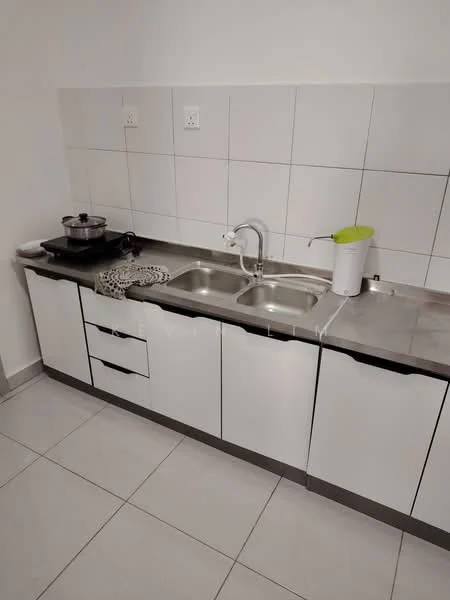 Kitchen features: double-bowl stainless-steel sink, chrome pull-down faucet, white cabinetry with flat-panel doors, stainless-steel countertop, white tiled backsplash, ceramic tile flooring, cooking pot on stove, kitchen towel, kitchen appliance (unknown type); style: modern.
