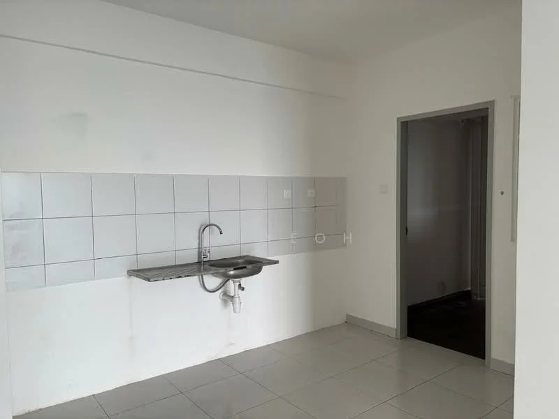Kitchen features: white tiled walls, grey countertop, single-bowl stainless-steel sink, chrome faucet, ceramic tile flooring, neutral painted walls, open layout, no visible appliances.