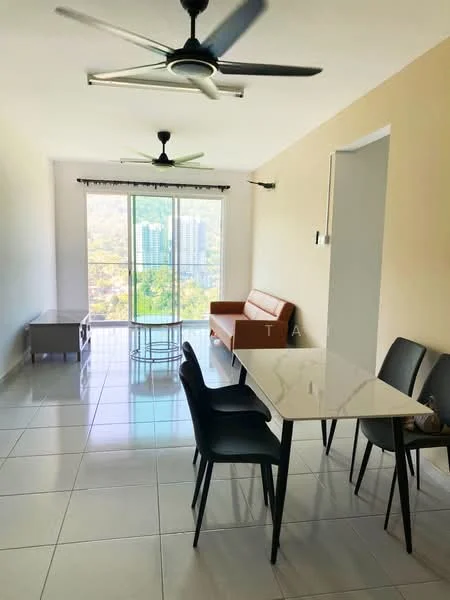 Living features: floor-to-ceiling windows, 2 ceiling fans, grey tiled flooring, cream painted walls, brown leather sofa, glass coffee table, 4 black dining chairs, white dining table; style: modern; view: city.